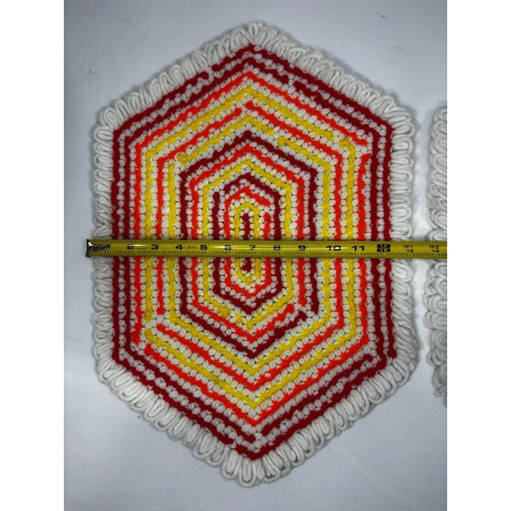 Vintage‎ Set 2 Crochet Placemat Doilies Red/Orange/Yellow/White Handmade